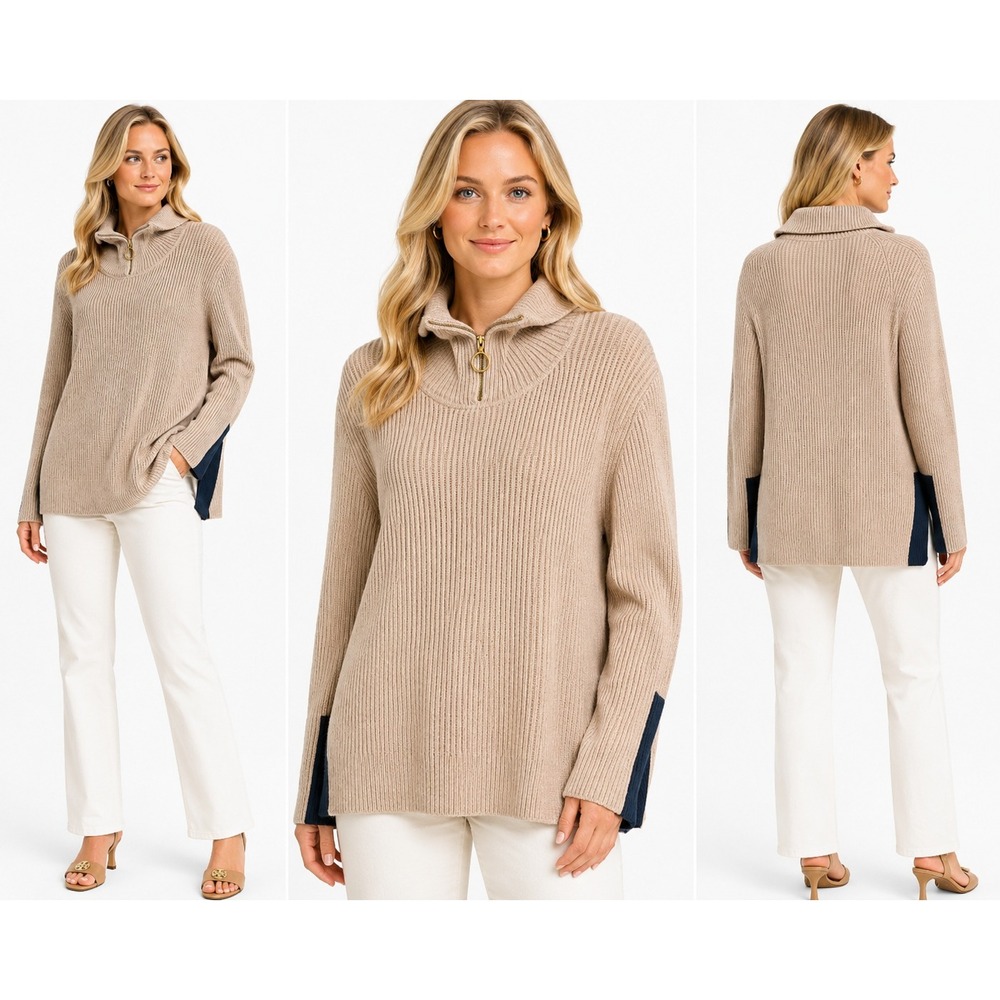 Tory Burch Sweater XL Ribbed Coastal Cowl Neck Quiet Luxury Preppy Minimalist